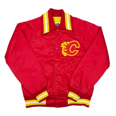 VTG RARE CALGARY FLAMES RED STARTER SATIN BOMBER JACKET MENS MEDIUM Cover