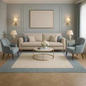 Hand-Tufted 100% Viscose Rug in Soft Blue with Ivory Border Celeste Elegance - Picture 1 of 3