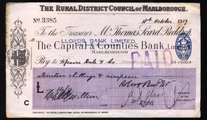 OVERPRINTED 1919 Bank Cheque: CAPITAL & COUNTIES BANK LTD, Marlborough. Free p&p - Picture 1 of 1