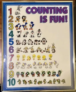 Vintage Looney Tunes Babies 1998 Framed POSTER Counting Is Fun 16x20 Bugs Daffy - Picture 1 of 10