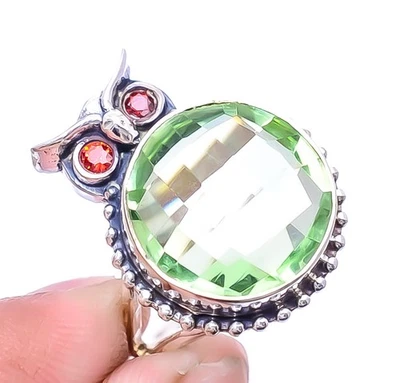 Кольцо совы из стерлингового серебра 925 пробы с зеленым аметистом и красным гранатом S.8 R_8068_66_44 - Изображение 1 из 4