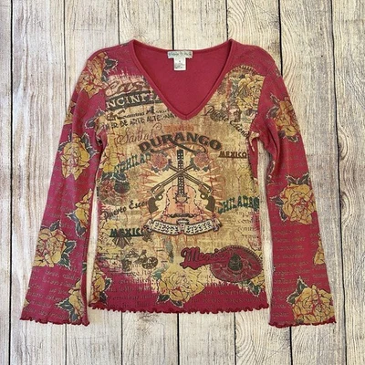 Guitarra Vintage Manga Larga Durango Borgoña Acampanada Western Boho Años 90 Y2K Bling Foto 1 de 4