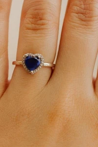 Sterling silver Blue Sapphire heart gemstone ring w/ diamond accents sz 6 - Picture 1 of 8