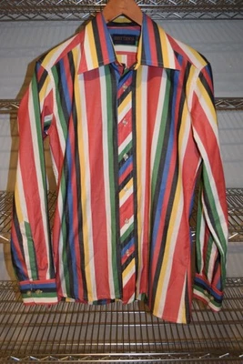 Brittania vtg 80s Hong Kong Made Striped Abstract Button Up Shirt Med S/M Small - Image 1 of 4