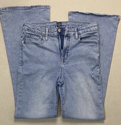 Pantalones de mezclilla Gap años 70 acampanados tiro alto niñas lavado claro elástico talla 18 ajustables. Foto 1 de 4