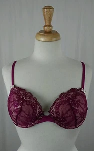 Betsey Johnson Magenta Lace Overlay Push Up Bra Sz 34B - Picture 1 of 6