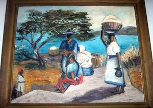 Pintura de paisaje de isla caribeña vintage de mediados de 1900, óleo sobre masonita - Imagen 1 de 13