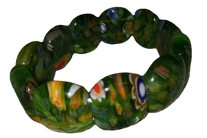 Green Glass Milifiori Stretch Bracelet Pretty Beachy Boho Glam Bangle - Picture 1 of 6