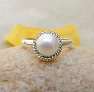 Pearl Stone Ring Solid 925 Sterling Silver Ring Handmade Statement Band All Size - Picture 1 of 4