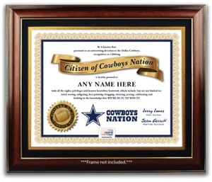 Dallas COWBOYS NATION NFL Football Fan Certificate Diploma Father Dad XMAS GIFT - Picture 1 of 2