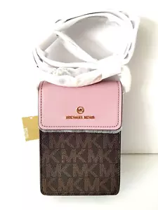 Michael Kors Jet Set Small Logo Smartphone Crossbody Bag Royal Pink/Brown 🎀NEW - Picture 1 of 15