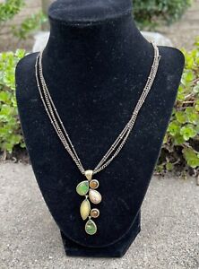 Lia Sophia 3 strand adjustable necklace metal & 6 stone greenish rustic