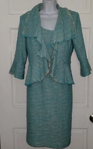 JONES NEW YORK turquoise cotton Boucle fringe peplum 2 pc Dress Jacket Suit 10 - Picture 1 of 7