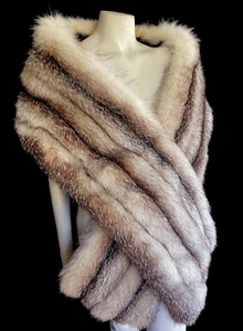 Crystal FOX Long Fur Stole, Brown Beige Vintage Bridal Fling Throw Shawl Coat - Picture 1 of 6