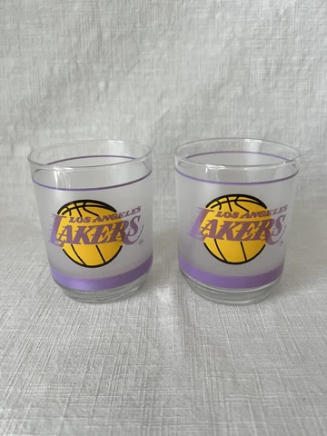 VTG Mobil Gas Los Angeles LA Lakers NBA Glass Tumbler 4" Whiskey Rocks Frosted Cover