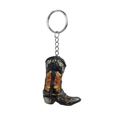 Tiny Cowboy Boot Keychain Key Ring Hand Painted Polyresin Western Floral Black - Image 1 of 4