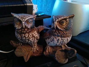 Owl Tree Stump Figure Statues Textured Vintage Boho MCM 70s Hand Painted Ceramic - Picture 1 of 8