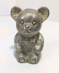 VINTAGE 5" GROSS SILBER METALL TEDDYBÄR SPARSCHWEIN MÜNZBANK MIT STOPFEN - Bild 1 von 7