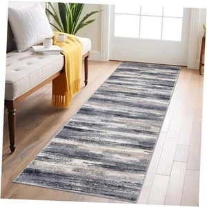 Modern Abstract Runner Rug 2x6, 2'x6'(24"x72") Grey Navy Blue Black Cream Tan - Picture 1 of 7