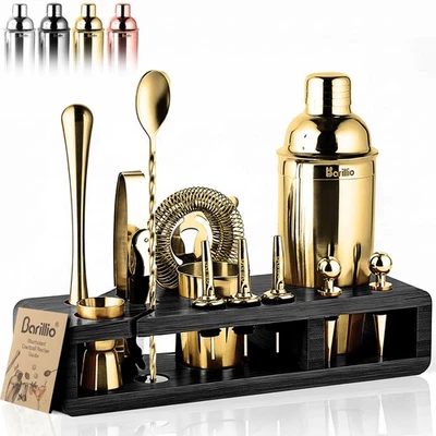 Gold Bartender Kit - Stainless-Steel Cocktail Shaker Set w/Black Bamboo Stand... - Image 1 of 4
