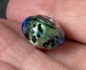 Murano, MA Glass Bead Charm Sterling Silver 925, Italy, Blue With Silver Foil - Picture 1 of 10