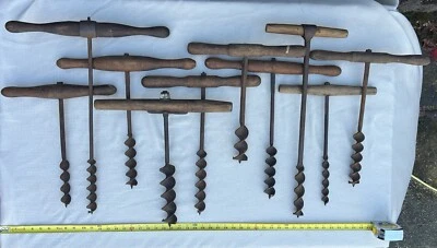 Lote de 10 brocas de barrena antiguas con mango en T con varios tamaños de mango y broca Foto 1 de 4