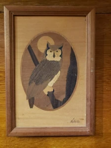 Vintage Hudson River Intarsien, Holz Eule auf Ast bei Nacht gerahmt Jeff Nelson - Bild 1 von 2