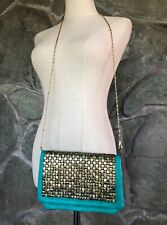 DEENA & OZZY TURQUOISE BLUE LEATHER & GOLD STUDDED CHAIN STRAP CROSSBODY PURSE