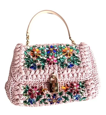BOLSO DE MANO DOLCE & GABBANA MISS DOLCE ROSA RAFIA MULTI CRISTAL CUERO $4000 Foto 1 de 4