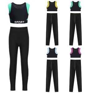 Kids Girls Set Tights Outfit Fitness Sweatsuit 2 Pcs Breathable Mesh Gym Vest - Picture 1 of 48