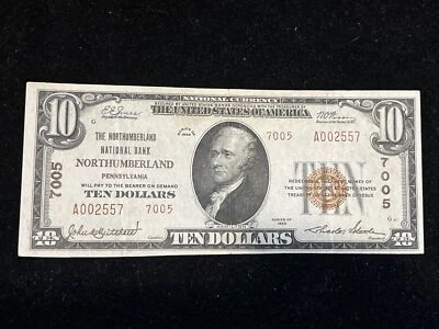 1929 $10 NORTHHUMBERLAND NATIONAL BANK NORTHHUMBERLAND NATIONAL CURRENCY CH#7005 - Image 1 of 4