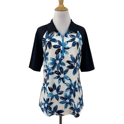 Jofit Shirt Womens S Small White Navy Floral Raglan Elbow Sleeve Golf Polo Top - Image 1 of 4