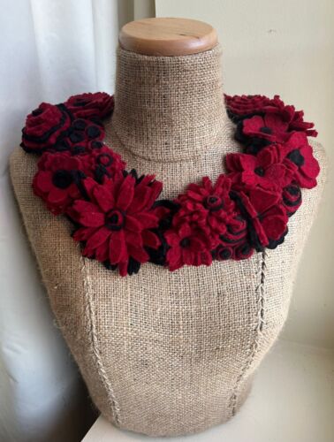 Artisan Intricate Red Felted Merino Wool Flower Neckpiece NYC 1990s Rare Lovely