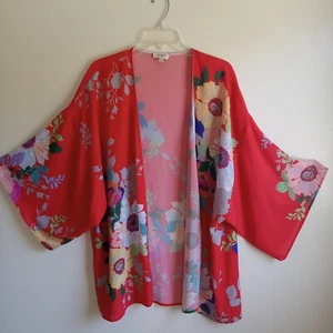 Umgee Sz L  Open Cardigan Kimono Cover Up Beach Vacation Red Floral  - Picture 1 of 6