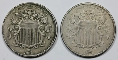 Pair of Shield Nickels - 1866 Rays, 1867 No Rays - Image 1 of 2
