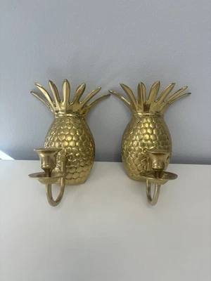 Solid Brass Pineapple Wall Sconces Candle Holder Set Of 2 Vintage India - Image 1 of 4