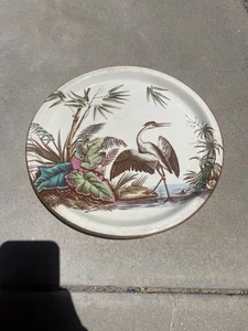 ANTIQUE VICTORIAN POLYCHROME 12" "STORK" PLATE LATE 1800'S PINK AQUA GREEN - Picture 1 of 23