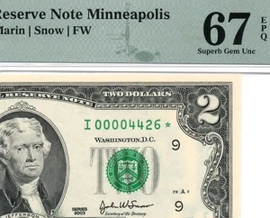 2003* $2 Minneapolis STAR Federal Reserve 1937-I* LOW Serial "4426" PMG 67 EPQ - Picture 1 of 3