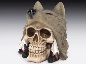 Skull with Wolf Hat Figurine Statue Skeleton Halloween - Picture 1 of 4