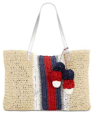 Bolso de Mano INC International Concepts Rayado Pom Pom Paja 4 de Julio Bolso de Vacaciones Foto 1 de 4