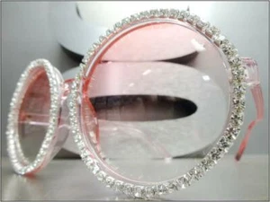 OVERSIZED EXAGGERATED RETRO SUN GLASSES Large Huge Round Pink Frame Rhinestones - Picture 1 of 5