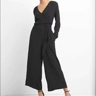GAP Women's Sz XS Jumpsuit Black Wide Leg Rayon Waist Tie Pockets - Изображение 1 из 4