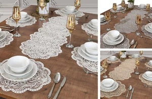 Tropik Home embroidered 7 piece place mats and runner set in white, grey, beige - Picture 1 of 31
