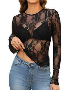 Black Long Sleeve Crewneck Floral Tops for Women - Trendy Undershirts - Picture 1 of 4
