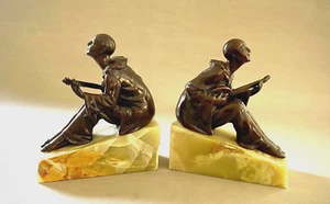 Pair Rare Vintage French Harlequin Musicians on Marble Base Bookends - Imagen 1 de 6