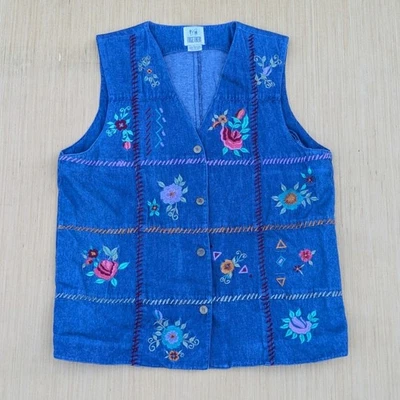 Vintage Together! Chaleco Años 90 Denim Algodón Bordado Floral Casa de Campo Mujer Grande Foto 1 de 4