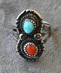 Tully Sam Navajo Silver, Turquoise & Coral size 7 Ring  6.5 grams 1  1/8" long - Picture 1 of 10