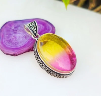 Faceted Bi-Tourmaline Pendant 925 Sterling Silver Handmade Large Jewelry Gift - Image 1 of 4