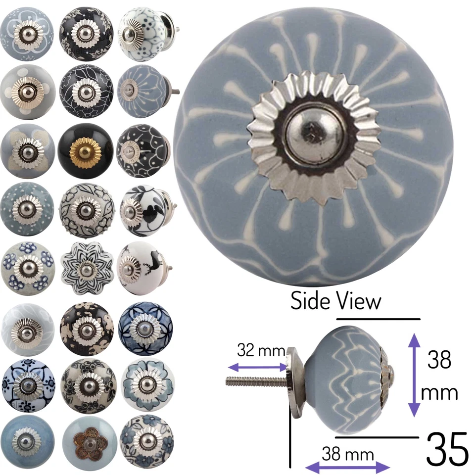 BLACK GREY Ceramic Door Knobs OVER 50 DESIGNS Drawer Pulls Shabby Chic Handles  - Image 1 of 1
