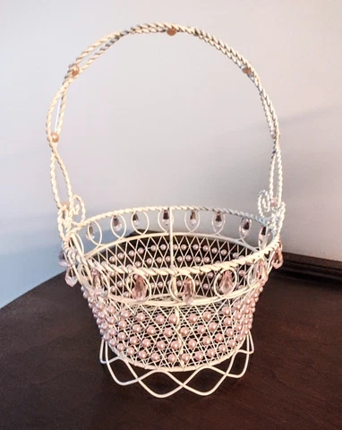 White WIRE BASKET with Faux PINK PEARLS - PINK CRYSTALS - Perfect Condition Cover